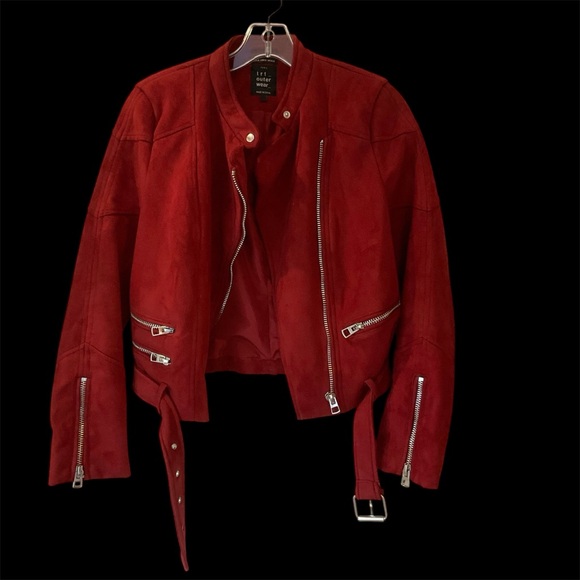 Zara Jackets & Blazers - Zara Trafaluc red faux suede biker jacket, multiple zippers, belted waist. Sz S
